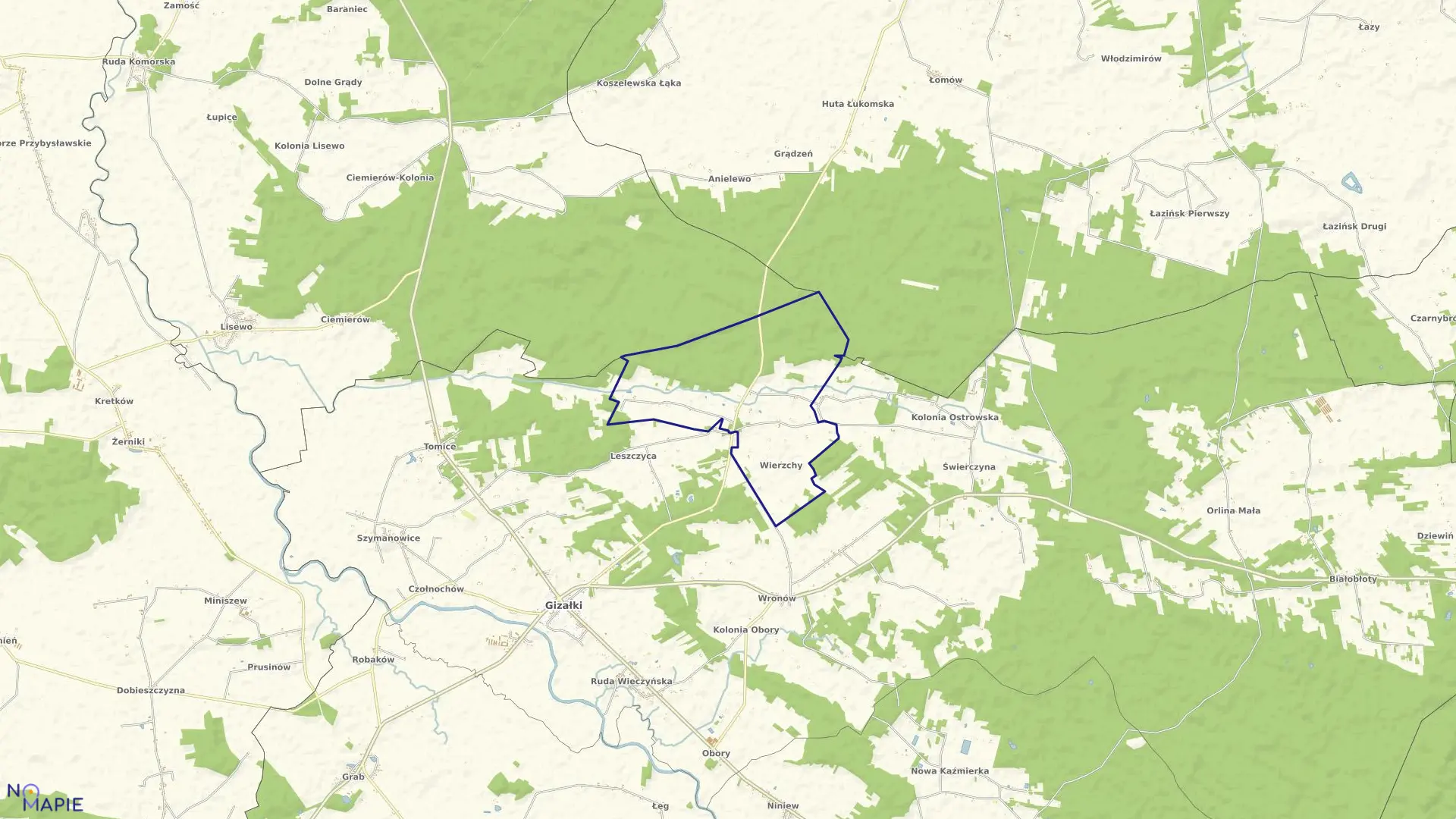 Mapa obrębu WIERZCHY w gminie Gizałki